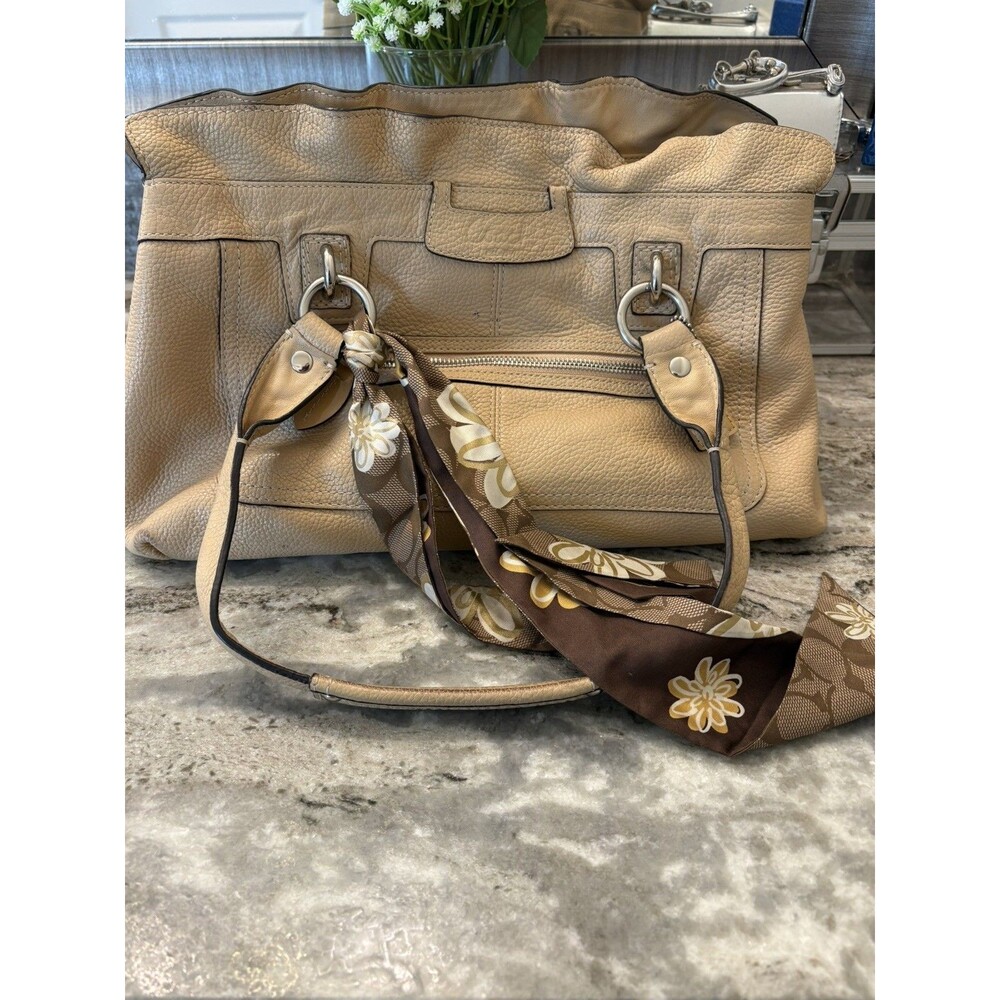 Coach Penelope Pebbled leather Satchel Handbag w/ brown signature floral scarf